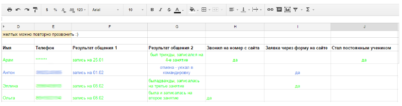 Скриншот таблицы с заявками в google таблицах
